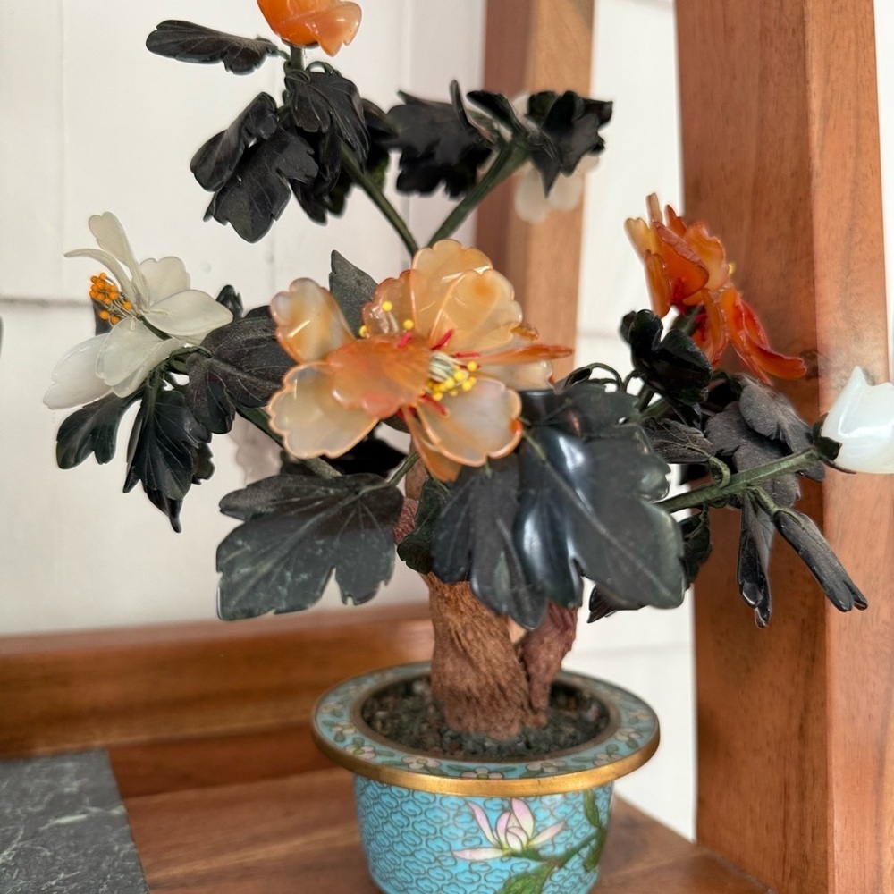 Vintage Chinese Carved Hardstone Flowering Bonsai in a Cloisonne Plant Pot jade - Picture 7 of 9